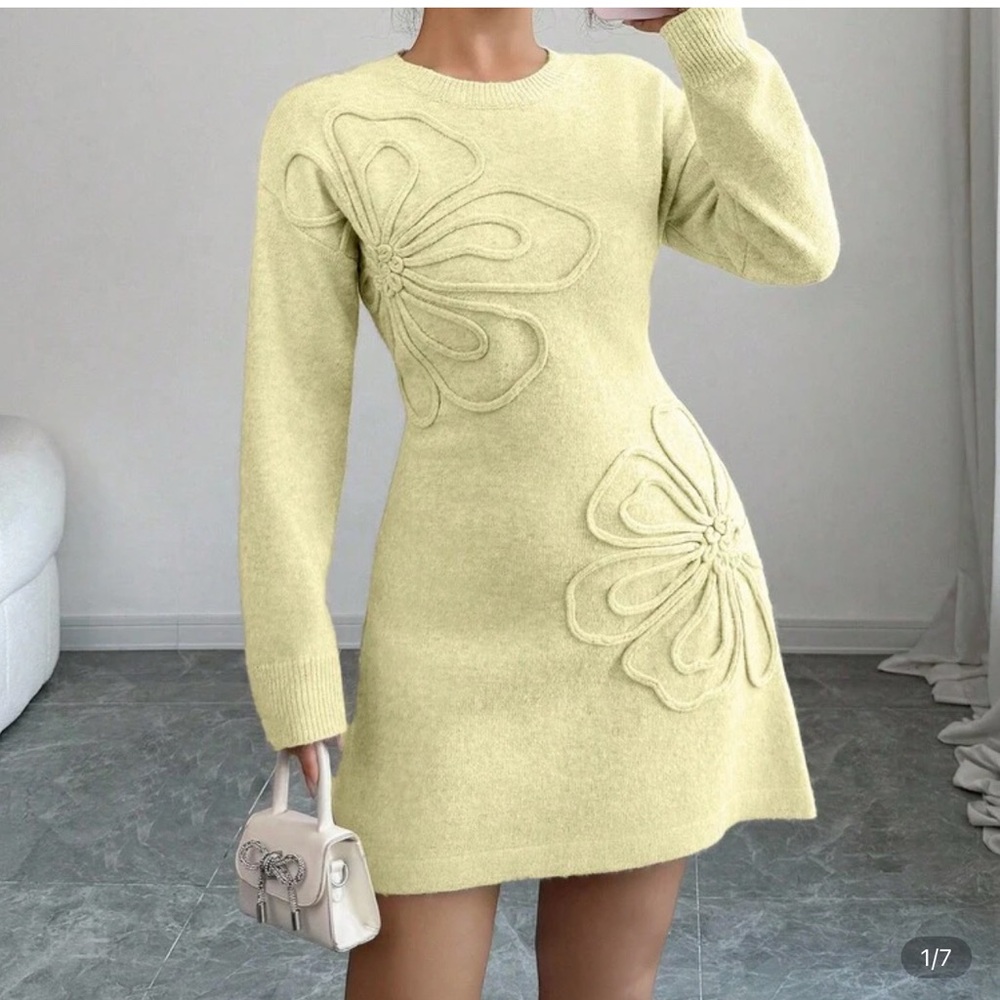 Elegant Yellow Floral Knit Dress
